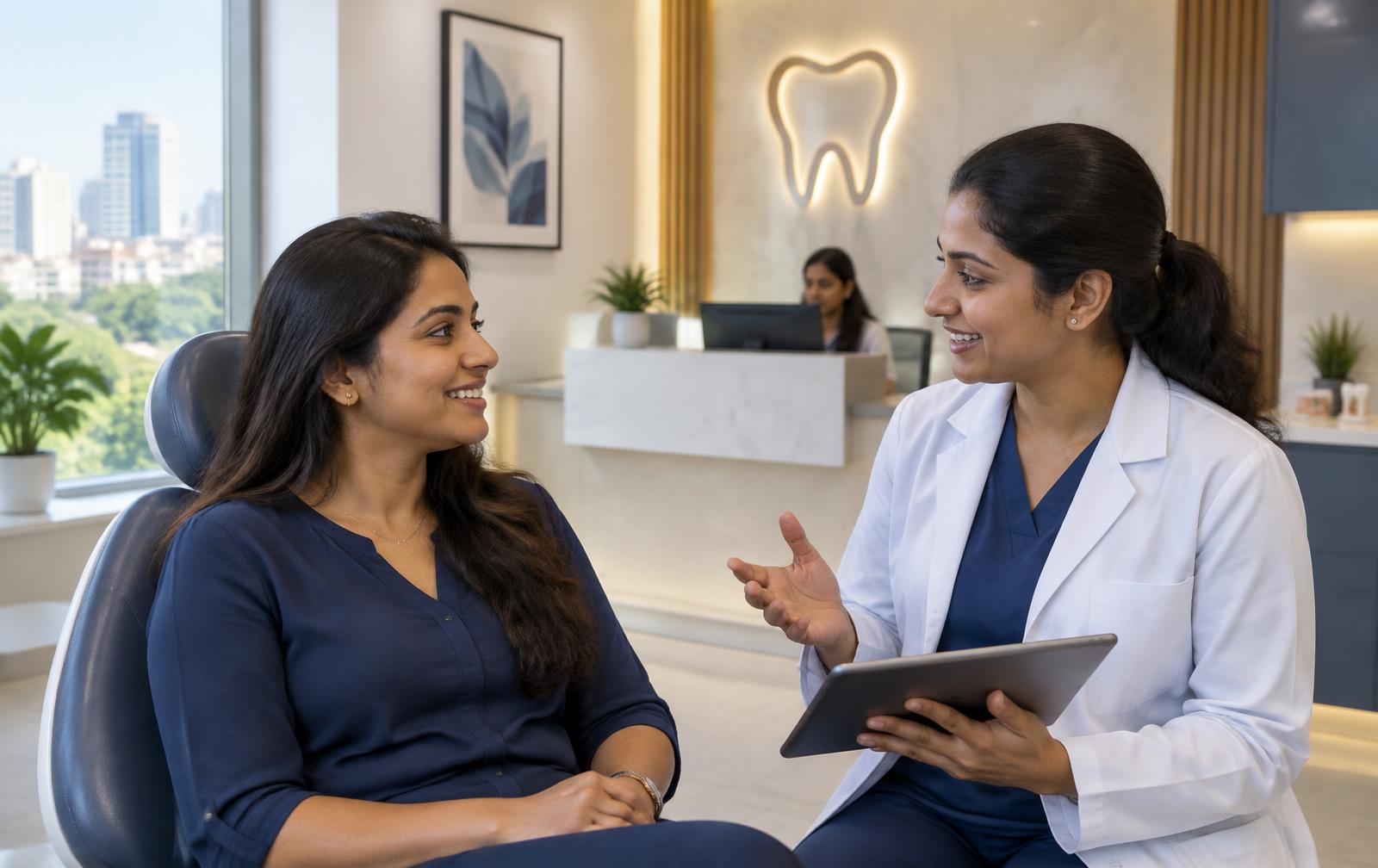 A dentist explaining a treatment plan to a patient in Bengaluru
