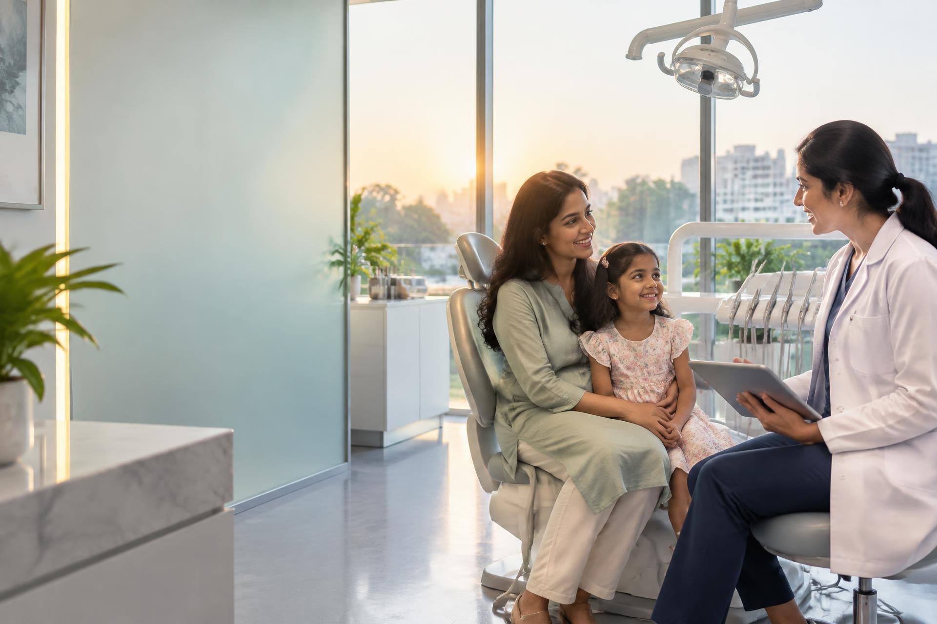 An Indian family speaking with a dentist in a Bengaluru clinic
